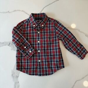 Janie and Jack Red and Blue (w/ green and white) Plaid Button-Down Shirt 6-12m